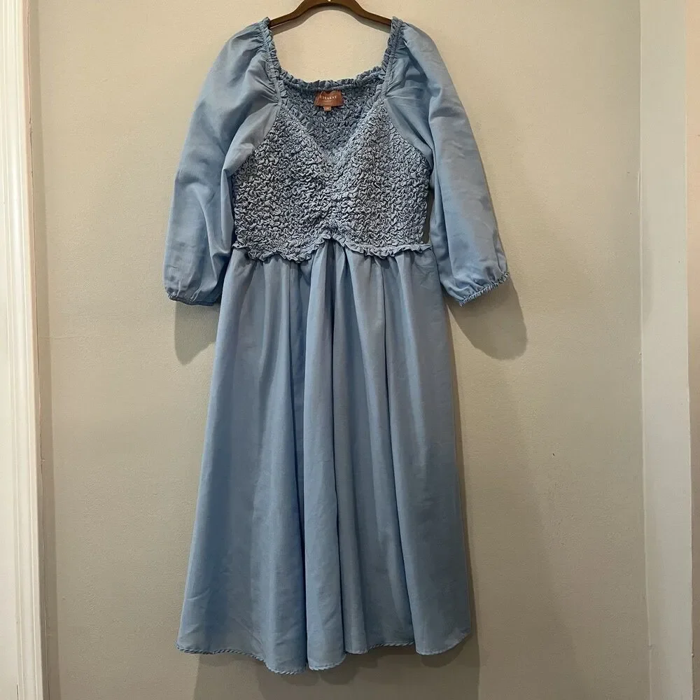 JessaKae Dress Women’s 1X Love Spell Blue Midi Smocked 3/4 Balloon Sleeve - Picture 1 of 10